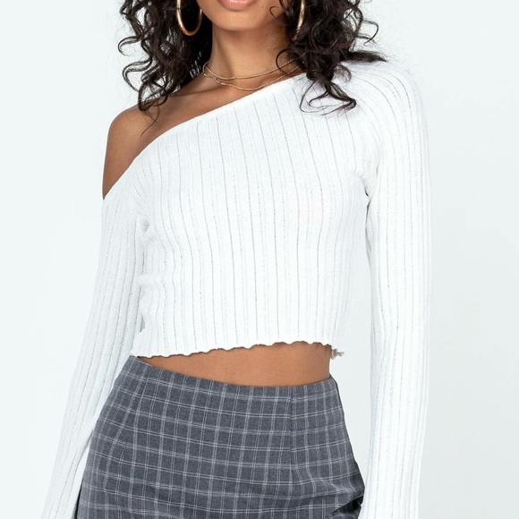 Princess Polly Sweaters - Princess Polly One-Shoulder White Ribbed Sweater